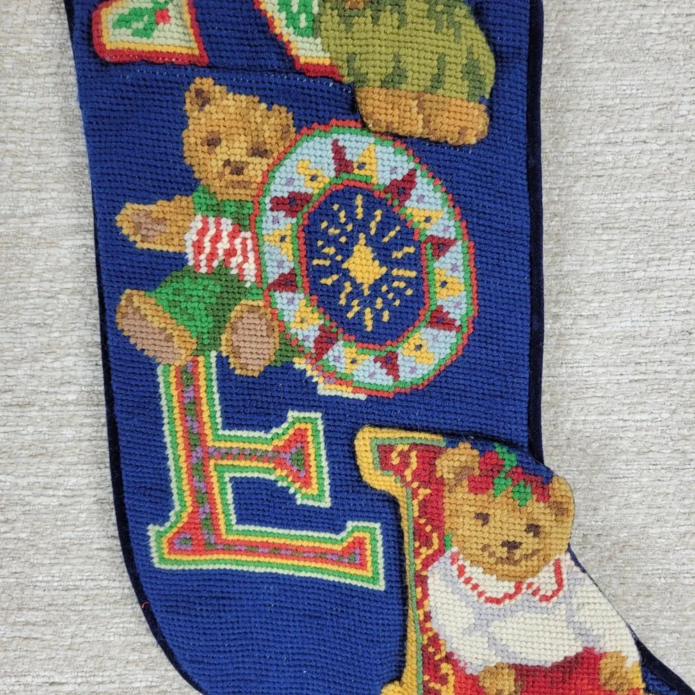 NOEL Needlepoint Christmas Stocking Velvet Wool Teddy Bear Embroidered Vintage